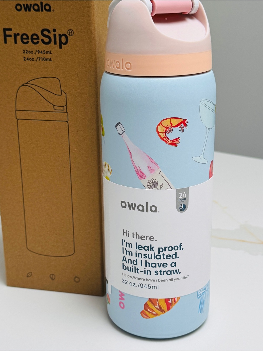 NWT Owala FreeSip 32oz Sun & Sea Blue Pink Limited Print Water Bottle